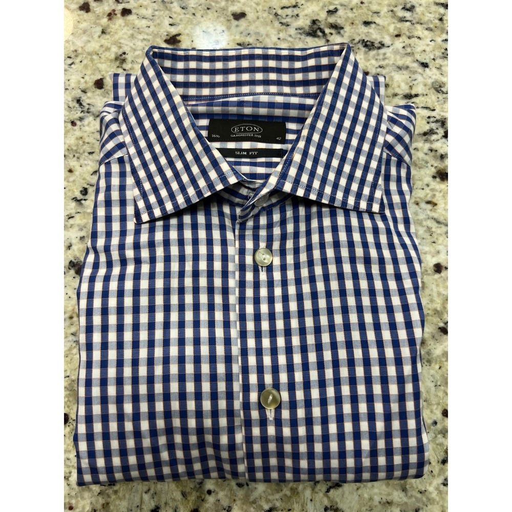 Eton Ganghester 1928 Slim Fit Dress Shirt Mens 16.5 42 Blue White Gingham Check